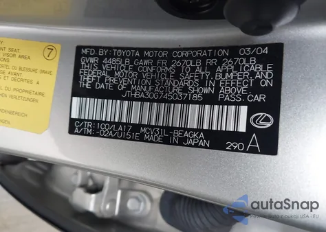 2004 Lexus Es 330 z USA, uszkodzony, nr VIN JTHBA30G745037185